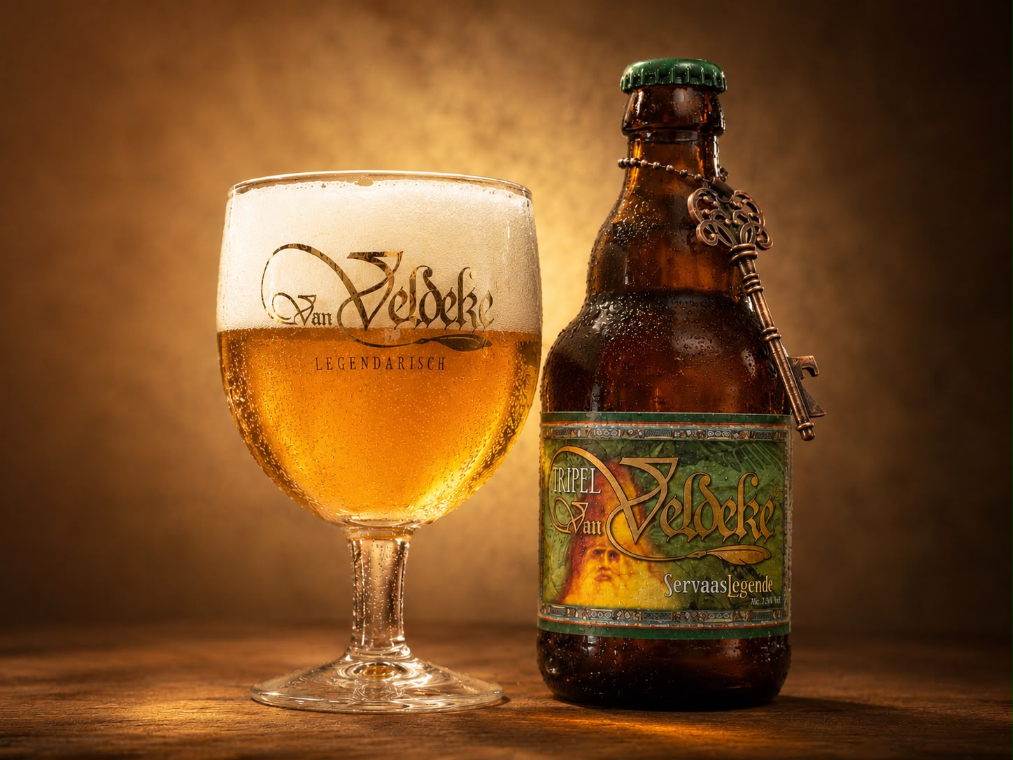 Een glas tripel naast een flesje Servaas Legende, met de bronzen sleutel aan de hals van de fles.